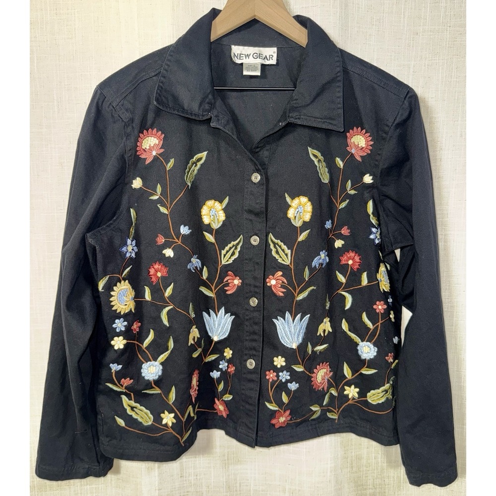 New Gear Floral Embroidered Women's Shirt Shacket Sz L 100% Cotton Cottagecore